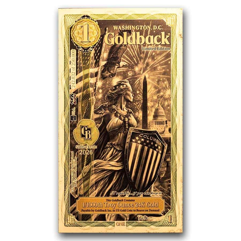 1 Washington D.C. Goldback 24K Gold Note – 0.001 Troy Ounce Fine Gold