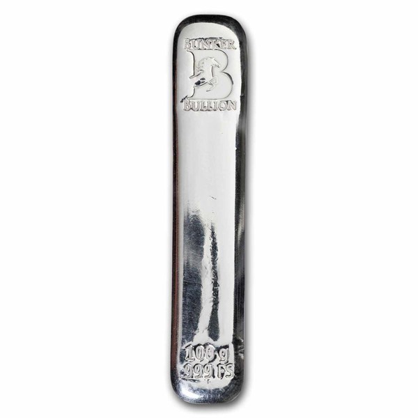 100 gram Bunker Bullion Long Skinny Poured Silver Bar