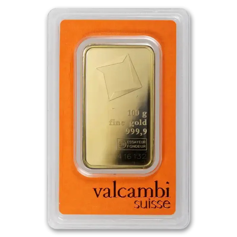 Valcambi 100 gram Gold Bar w/ Assay Card