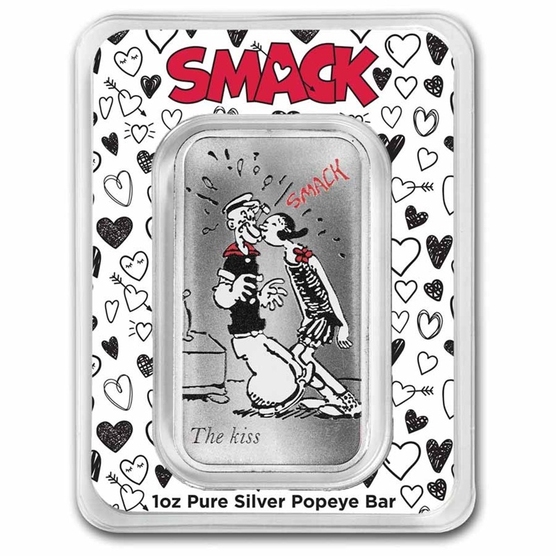 1 oz Silver Colorized Bar - Popeye & Olive Oyl Valentines