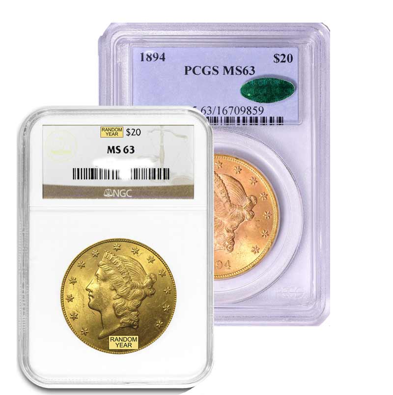 $20 MS-63 Liberty Double Eagle Gold Coin (NGC or PCGS) - Random Year