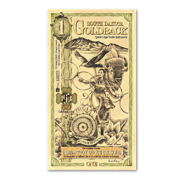 1 South Dakota Goldback 1/1000 oz 24K Gold Foil Aurum Note
