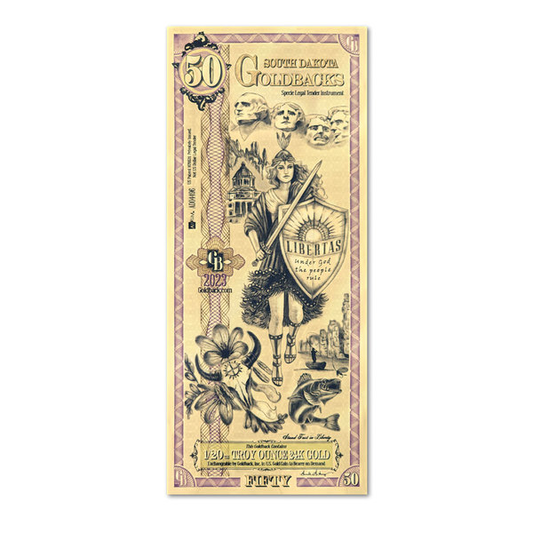 50 South Dakota Goldback 1/20 oz 24K Gold Foil Aurum Note