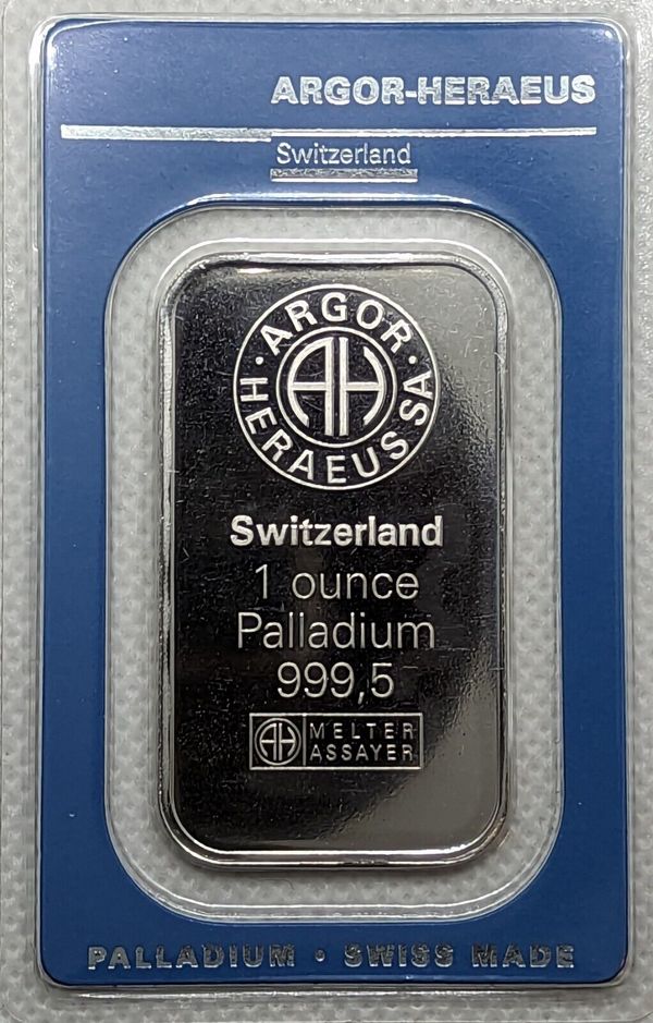 1 oz Palladium Bar - Argor Heraeus- 999.5 Fine